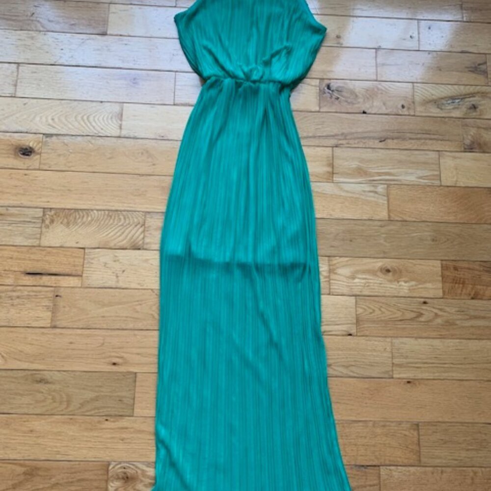 Anthropologie Petites Teal Pleated Maxi Dress | Halter | Size 8P - Picture 2 of 7
